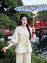 Lam cổ viền tròn gấm thêu cao cấp