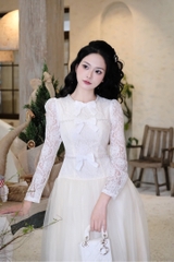 Đầm cổ tròn đính 3 nơ đi tiệc sang chảnh cao cấp
