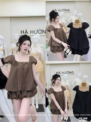Đầm tay chấm bi hoa ngực tay phồng