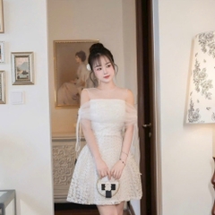 Đầm thiết kế cao cấp ren hoa cúc phối lưới