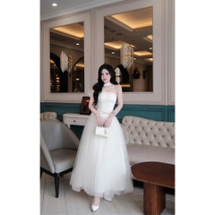 Đầm thiết kế 2 dây ren phối voan bồng kèm dây cổ