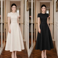 Đầm thiết kế cổ sen nút ngực nơ eo dáng dài