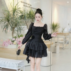 Đầm cổ vuông tay dài voan dáng ngắn xoè