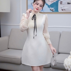 Đầm cổ tròn cao phối dạ dáng chữ A ngắn tay dài voan