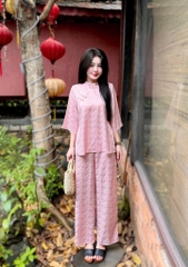 Lam cổ tàu gấm đính nút chéo