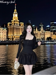 Đầm cổ vuông ôm nơ eo Pl