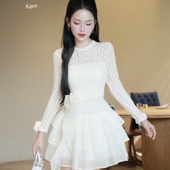 Đầm thiết kế ren cổ tròn cao cấp phối tơ tay dài dáng ngắn