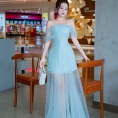 Đầm thiết kế ren voan dài phụ kiện nơ đính đá