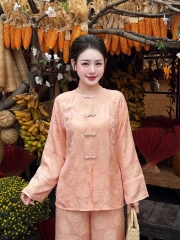 Đồ lam lụa cổ tròn nơ ngọc trai dọc tay áo cổ tàu
