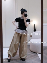 Set áo cổ sen kèm quần ống rộng bo chân