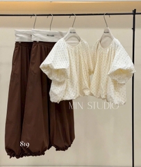 Set áo babydoll tay phồng kèm quần bo chân