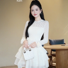 Đầm thiết kế ren cổ tròn cao cấp phối tơ tay dài dáng ngắn