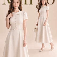 Đầm thiết kế cổ sen nút ngực nơ eo dáng dài