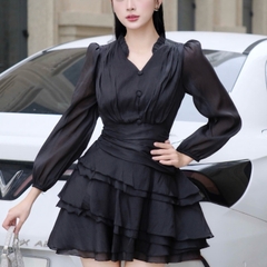 Đầm thiết kế cổ V tầng xoè voan tơ cao cấp