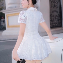 Đầm cổ sơ mi dáng xoè cúc bọc dáng ngắn chất ren đi tiệc cao cấp