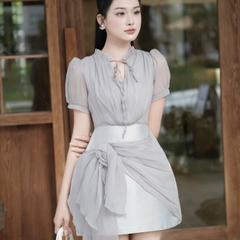 Đầm thiết kế voan cổ cao tay ngắn phối dây voan hoa size dưới 65kg 3 màu xám xanh/ đen/ kem