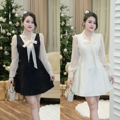 Đầm dạ tay voan voan dáng chữ A cổ dây nơ