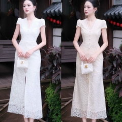 Đầm đi tiệc chất ren ôm body cao cấp thiết kế cổ V có tay