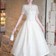 Đầm voan hoa cổ tròn tay ngắn công chúa sang trọng dáng xòe cao cấp đi tiệc