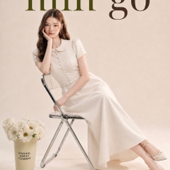 Đầm thiết kế cổ sen nút ngực nơ eo dáng dài