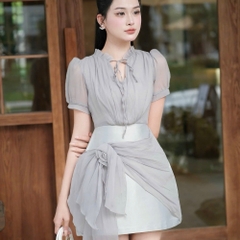 Đầm thiết kế voan cổ cao tay ngắn phối dây voan hoa size dưới 65kg 3 màu xám xanh/ đen/ kem