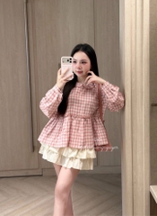 Set babydoll caro kèm chân váy tầng