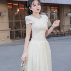 Đầm thiết kế dạ cổ tròn đính đá dáng dài phối tơ