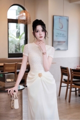 Đầm thiết kế ôm body phối lụa tay ngắn