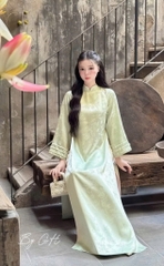 Áo dài gấm tay loe đính hoa quần lưng thun H