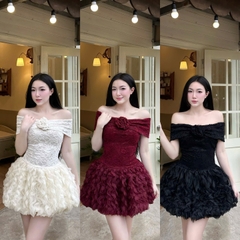 Đầm thiết kế trễ vai ren nơ hoa tùng gợi sóng