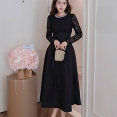 Đầm dạ phối ren cổ tròn viền ngọc tay dài cao cấp