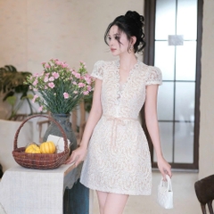 Đầm dáng ngắn chữ A full ren cổ V thắt eo cao cấp sang chảnh thiết kế