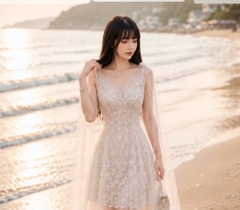Đầm thiết kế ren tay rũ voan dáng dài