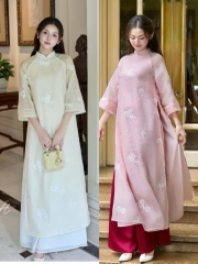 Áo dài truyền thống tay viền thêu hoa