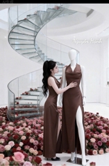 Đầm cột nơ cổ lụa xẻ tà