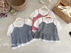 Áo kiểu phối 2 dây caro