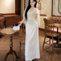 Đầm thiết kế lụa 2 dây kèm áo choàng ren
