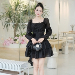 Đầm cổ vuông tay dài voan dáng ngắn xoè