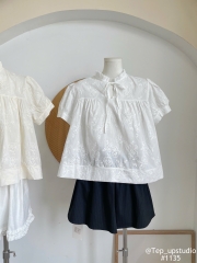 Áo kiểu babydoll thêu hoa cổ bèo cột nơ