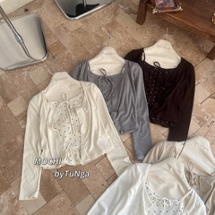 Áo kiểu set khoác áo dây chấm bi