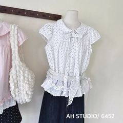 Áo kiểu babydoll chấm bi cổ bèo sen viền tà ren