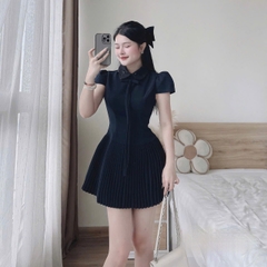 Đầm cổ sơ mi dáng ngắn xếp ly hot trend ép mùng đính kết
