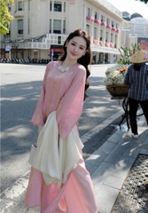 Áo dài gấm cổ tròn 3 bông