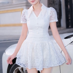 Đầm cổ sơ mi dáng xoè cúc bọc dáng ngắn chất ren đi tiệc cao cấp