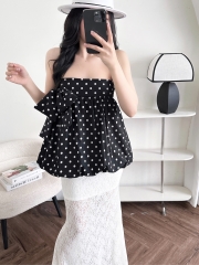 Áo kiểu bí cúp ngực chấm bi thắc nơ