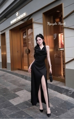 Đầm cột nơ cổ lụa xẻ tà