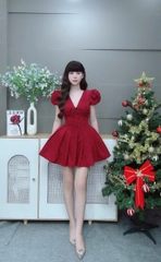 Váy ngắn dáng xoè tay phồng cổ tim dây nơ LS