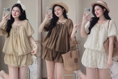 Set kiểu chấm bi quần áo bí phồng ngắn cột nơ ngực