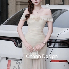 Đầm thiết kế trễ vai hoa ngực dáng xoè