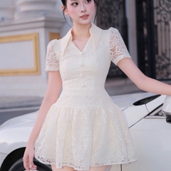 Đầm cổ sơ mi dáng xoè cúc bọc dáng ngắn chất ren đi tiệc cao cấp